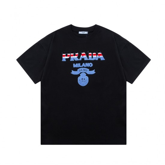 PRADA Color matching towel alphabet embroidery fashion short sleeve T-shirt