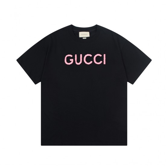 GUCCI  Double G pink letter embroidery Logo short-sleeved T-shirt